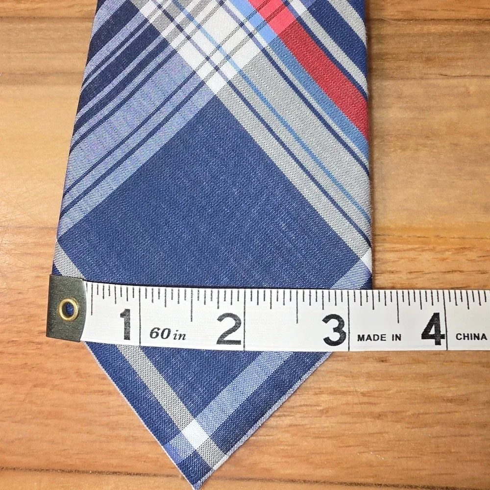 Saddlebred Mens Necktie Navy Blue Red White Plaid Cotton Blend Classic Tie